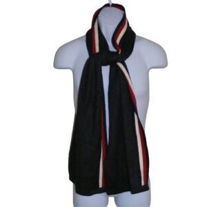 TOMMY HILFIGER Scarf, Charcoal Gray Acrylic, Red/White Stripe accent, Bar logo